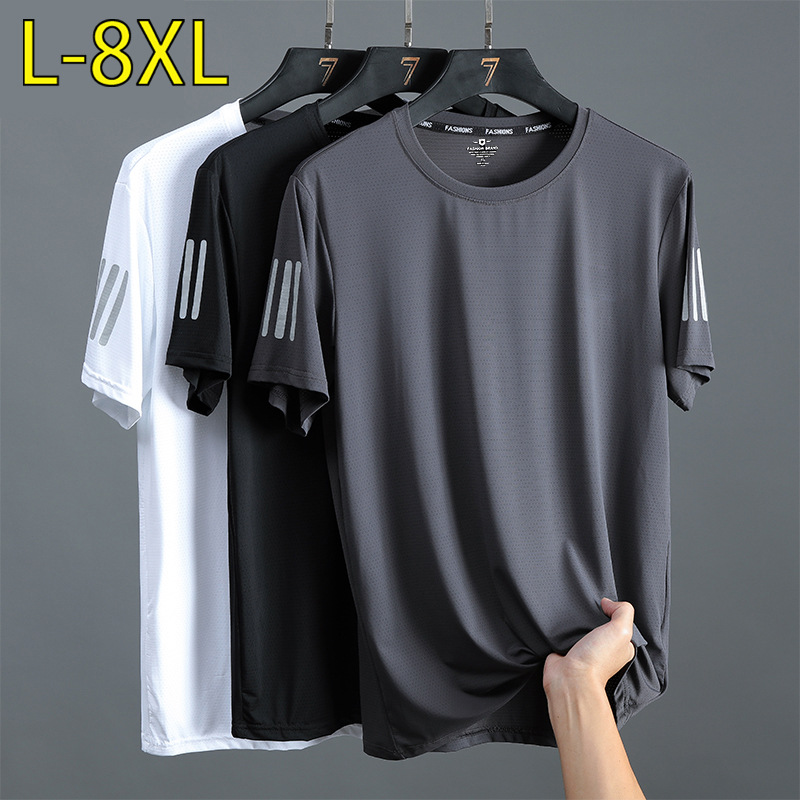 Extras Large Size Ice Silk Short-sleeved T-shirt Men's Summer Thin Sports Loose Quick-drying Clothes Youth Casual T-shirt