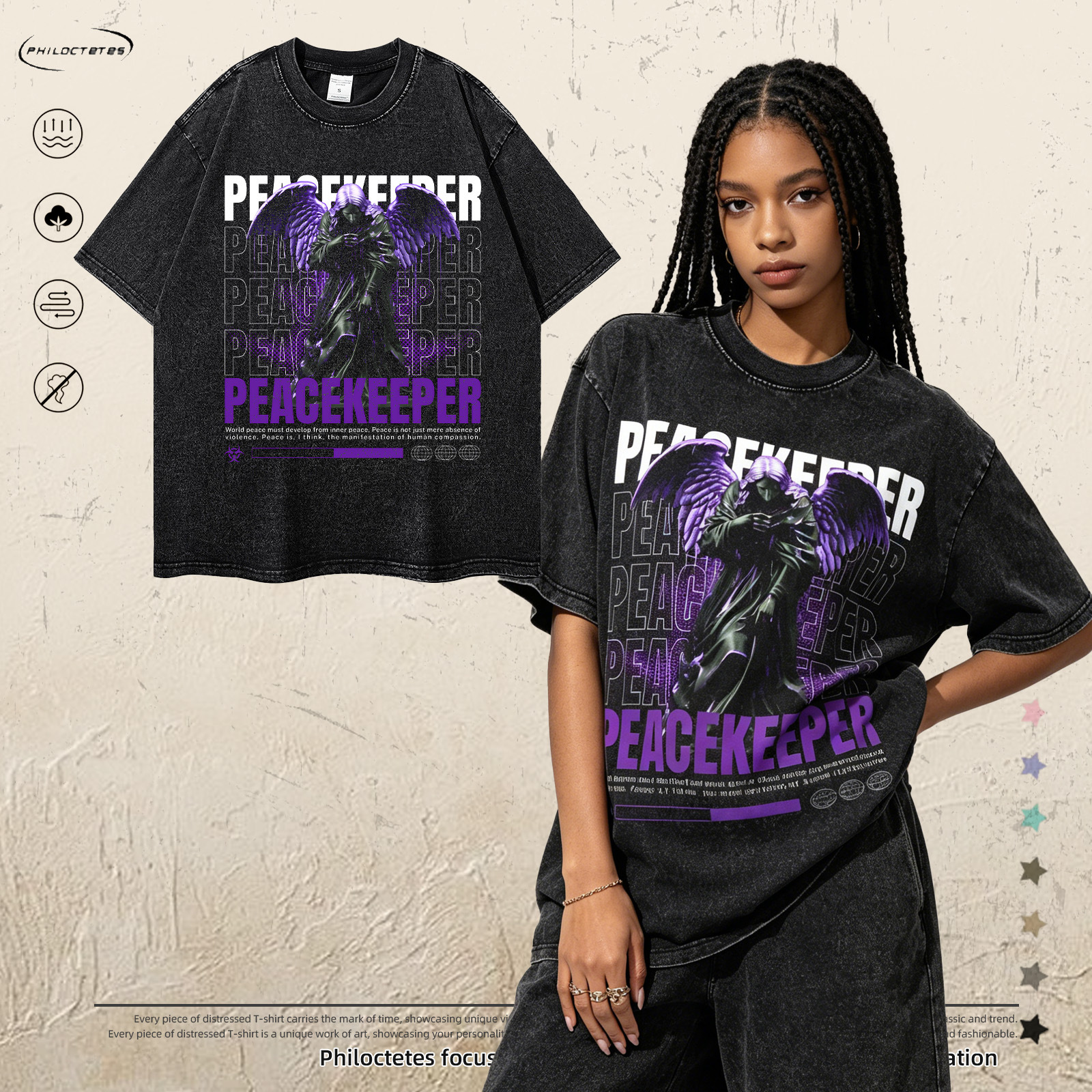 European and American Trendy Brands, Retro Washed and Distressed Short-Sleeved Vintage Print, High Street Trendy Brand Loose Oversized T-Shirt