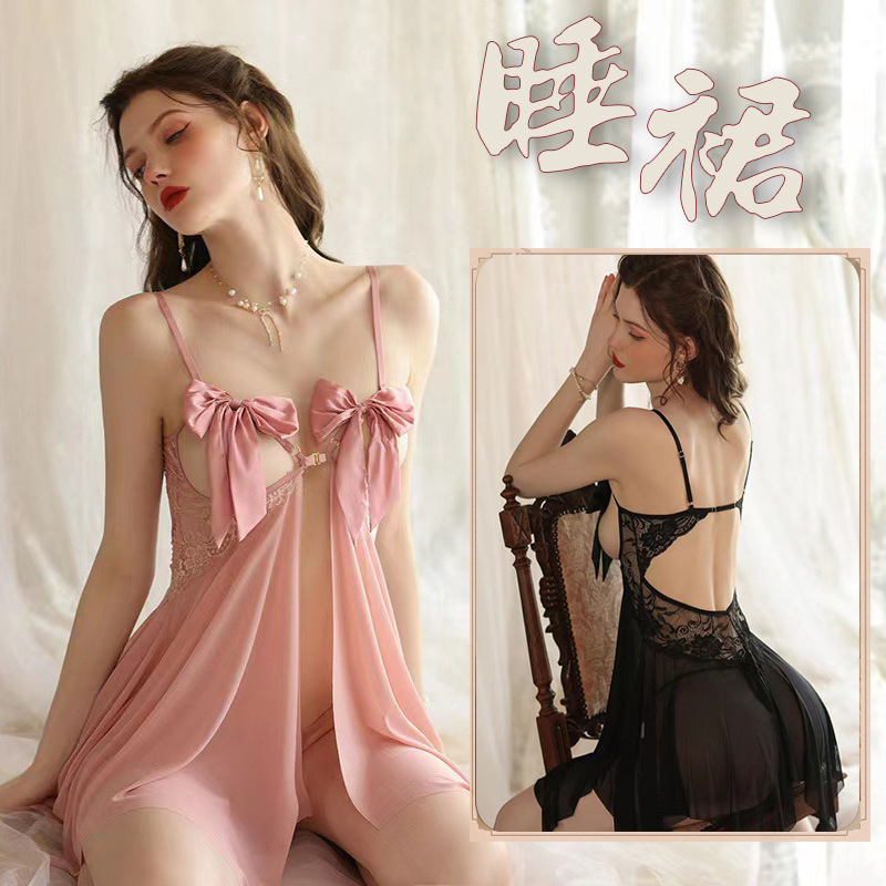 Hot Sling Lingerie Sexy Hollow Perspective Bow Split Backless Passion Mesh Nightdress 0882