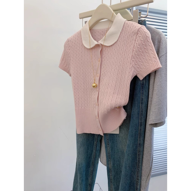 "3.22/Spring New Collection" Xuan Xiao Jie Pink Slim-Fit Short-Sleeved T-Shirt Polo Collar Knitwear for Women
