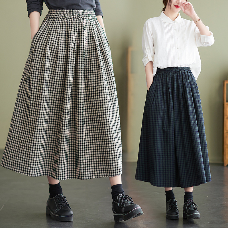 2026 Spring/Summer New Artistic Women's Cotton Linen Plaid Skirt Vintage Flared A-Line Midi Skirt Artistic Retro