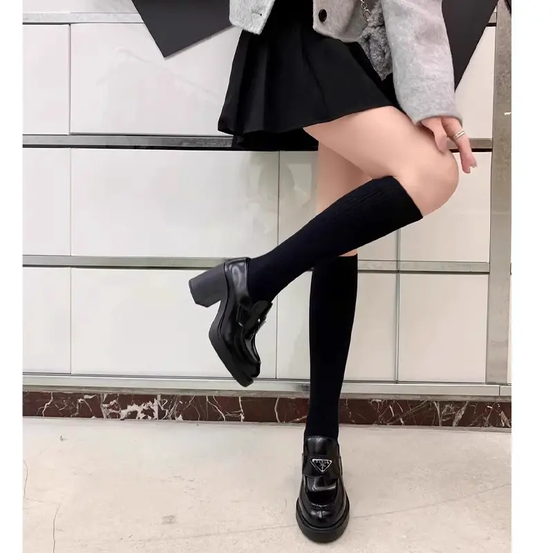 High-End! Loafers with Triangular Logo, High Heels, Thick Heels, European Style, Autumn Short, Height-Increasing, Comfortable, Versatile Small Leather Shoes