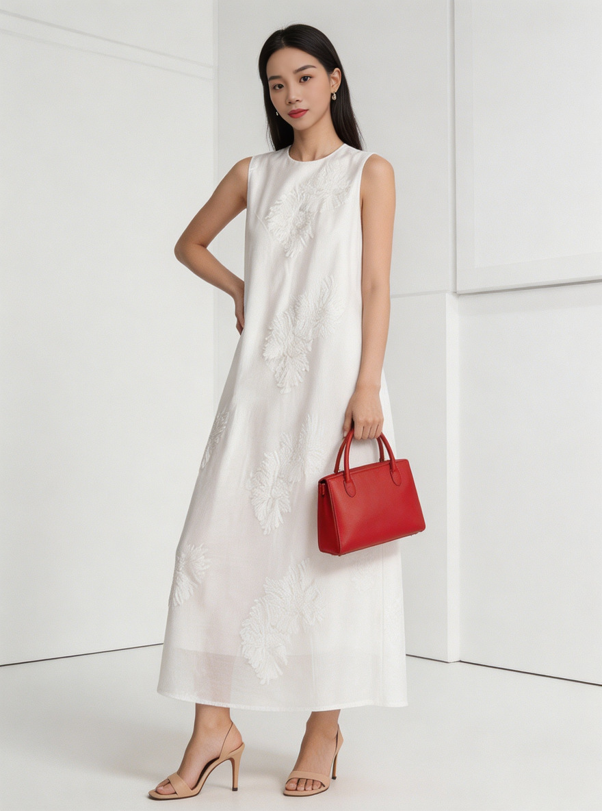 2026 Summer Simple Loose-Fitting Tank Dress Acetate Rayon Embroidery White Dress New Sleeveless Long Dress