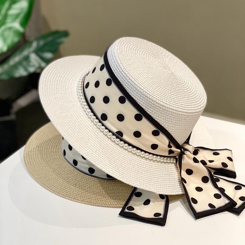Japanese-Style Minimalist Polka Dot Straw Hat for Women, Summer Sun Protection, Vacation Travel Beach Hat, French-Style Flat-Top White Fedora