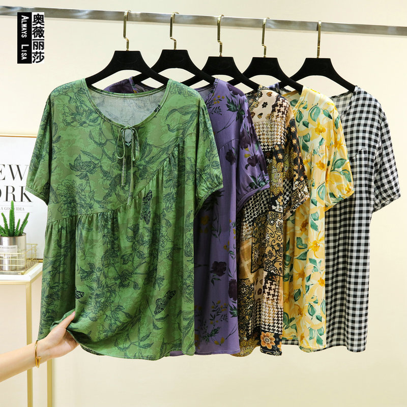 Floral Lace-Up Round Neck Short-Sleeved Shirt 2026 Summer Thin Loose Large Size Top Rayon Short-Sleeved T-Shirt