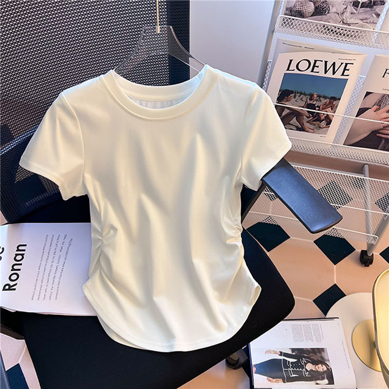 Trendy Pleated Waist-Cinching Short-Sleeve T-Shirt for Women, Pure and Sexy Style, Spring/Summer 2026 New Ins Fashion Shirt