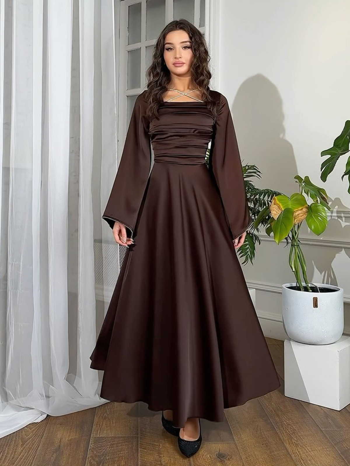 Amazon Europe and America Cross-border 2025 Spring Slim-fit Diamond-studded Strap Long-sleeved Satin dress Women's Long Dress Women
