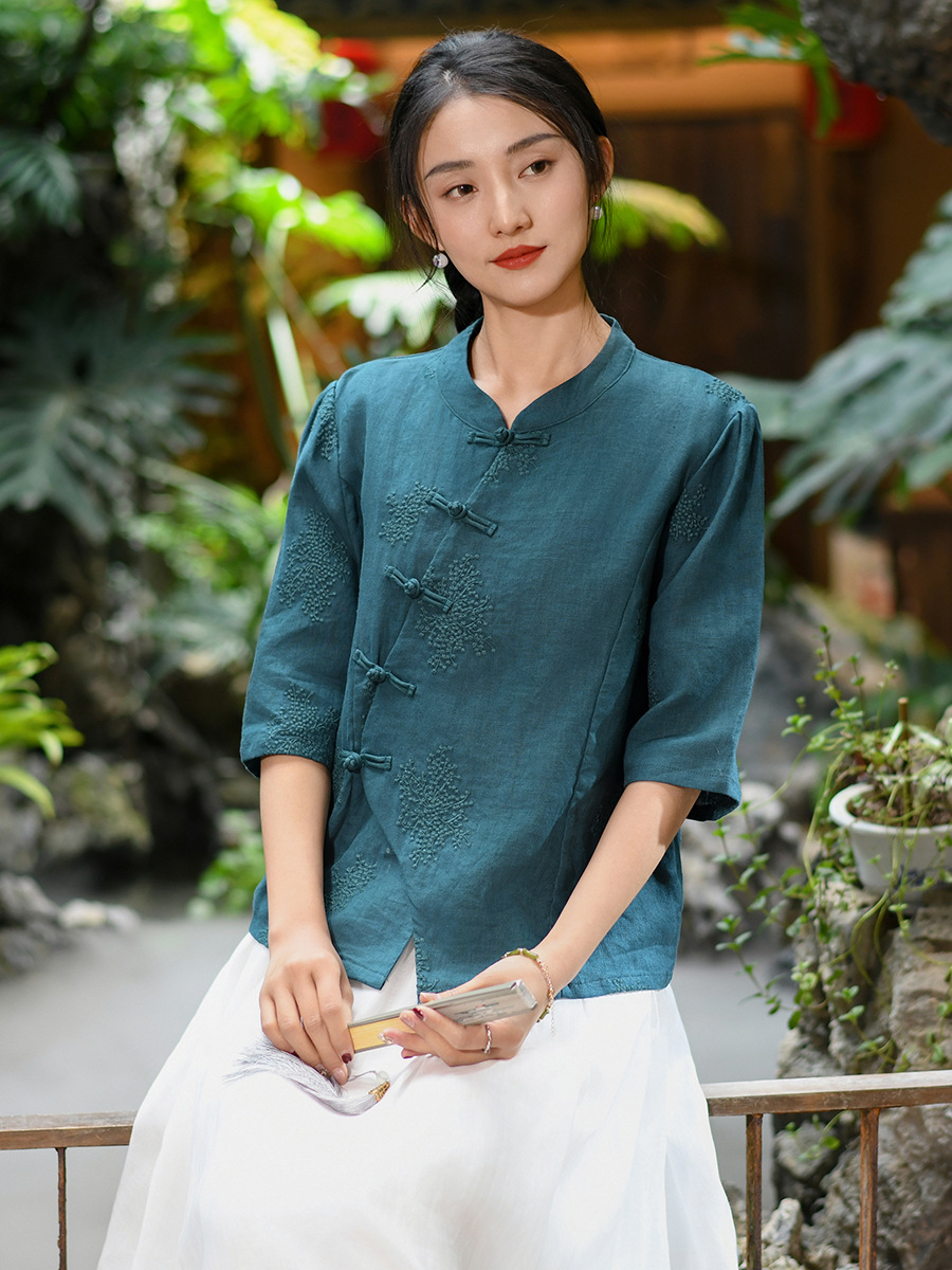 New Chinese Style Women's 2024 Spring New Linen Shirt Women's Chinese Style Button Cotton Linen Top Vintage Shirt