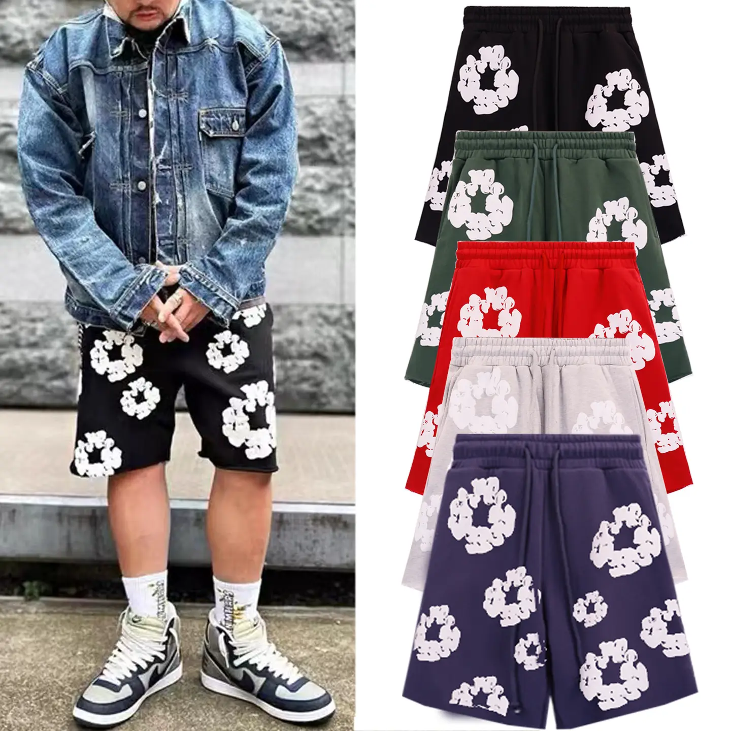 2024 Summer new cross-border high street fashion brand wooden cotton foam printing casual trendy shorts men and women same style