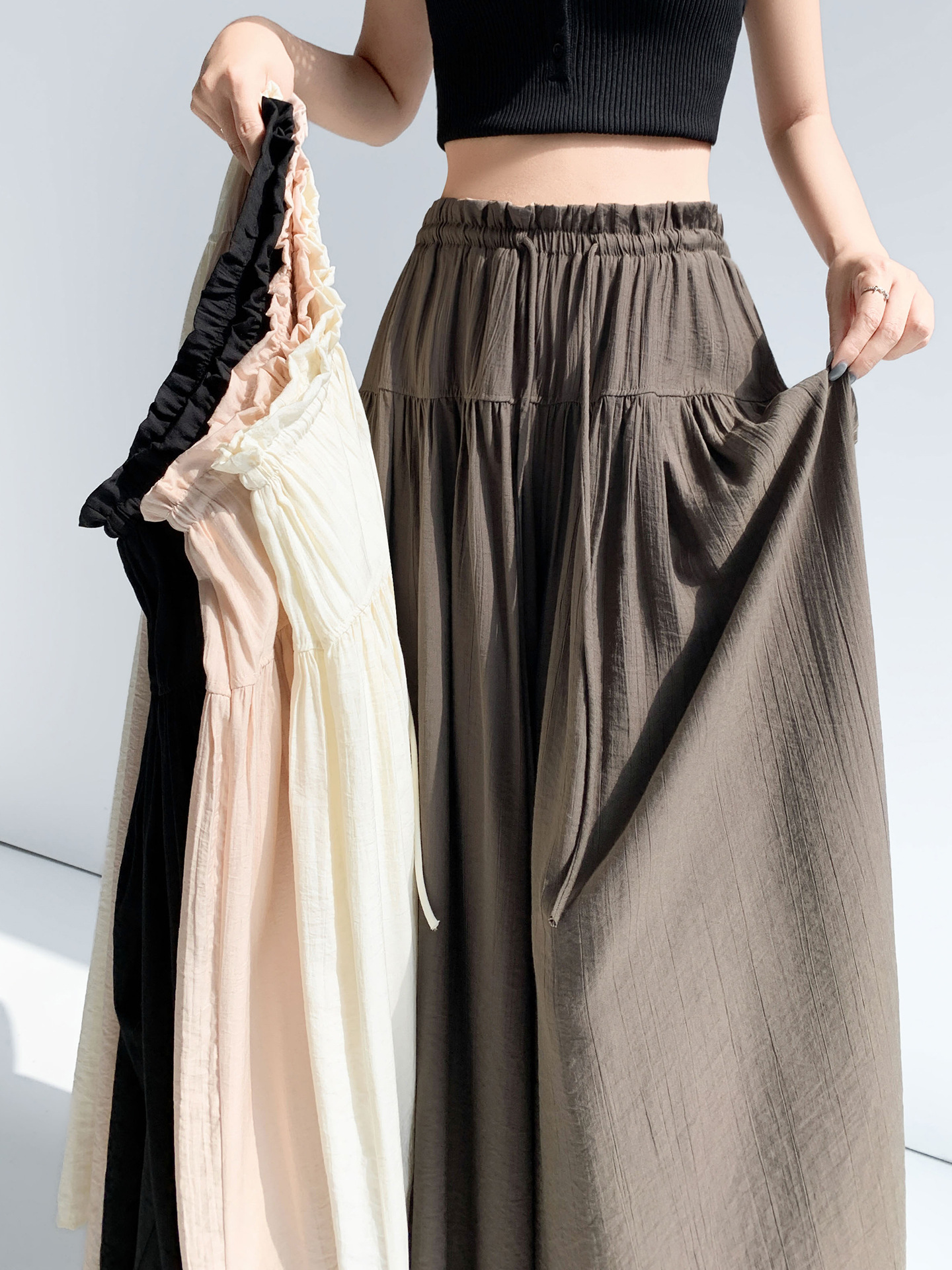 Feiyuan Sweet Style Ruffled High-Waisted Elastic Drawstring Skirt Pants, New Summer Lightweight Breathable Solid Color Wide-Leg Long Pants