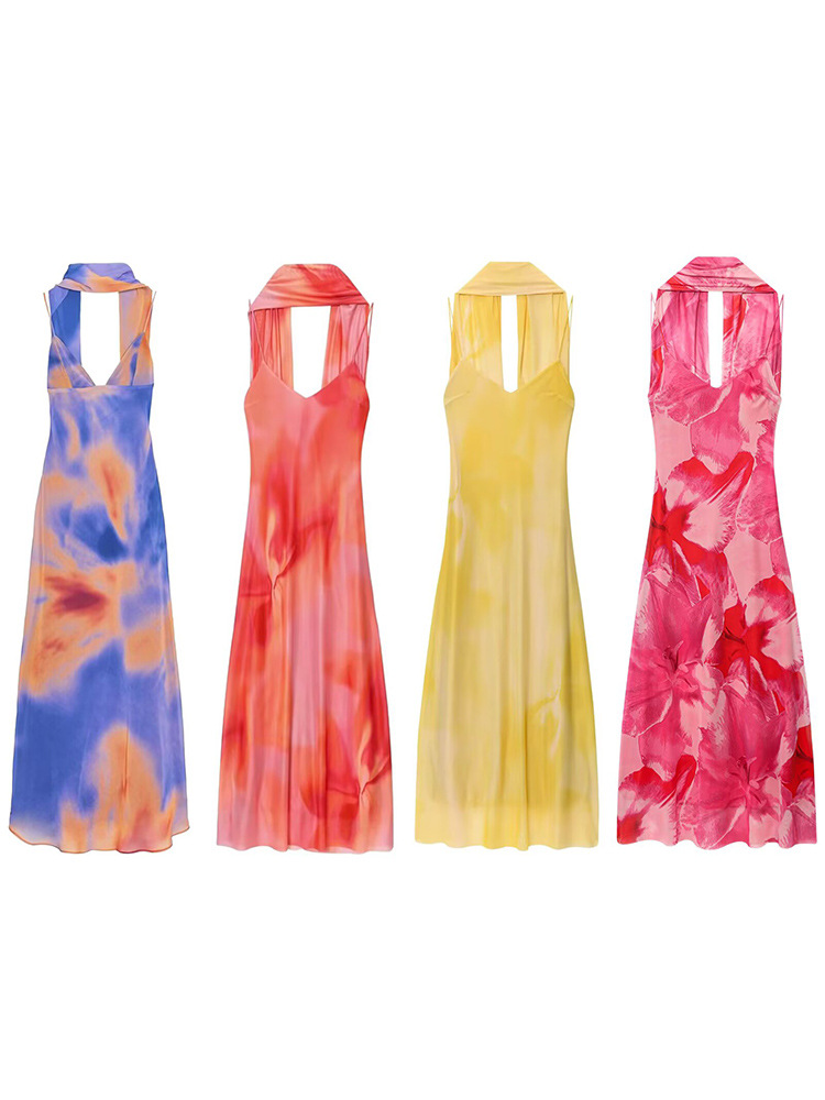 2025 Summer New Stylish and Fashionable Women's Backless Design V-Neck Thin Strap Printed Scarf-Decorated Long Dress