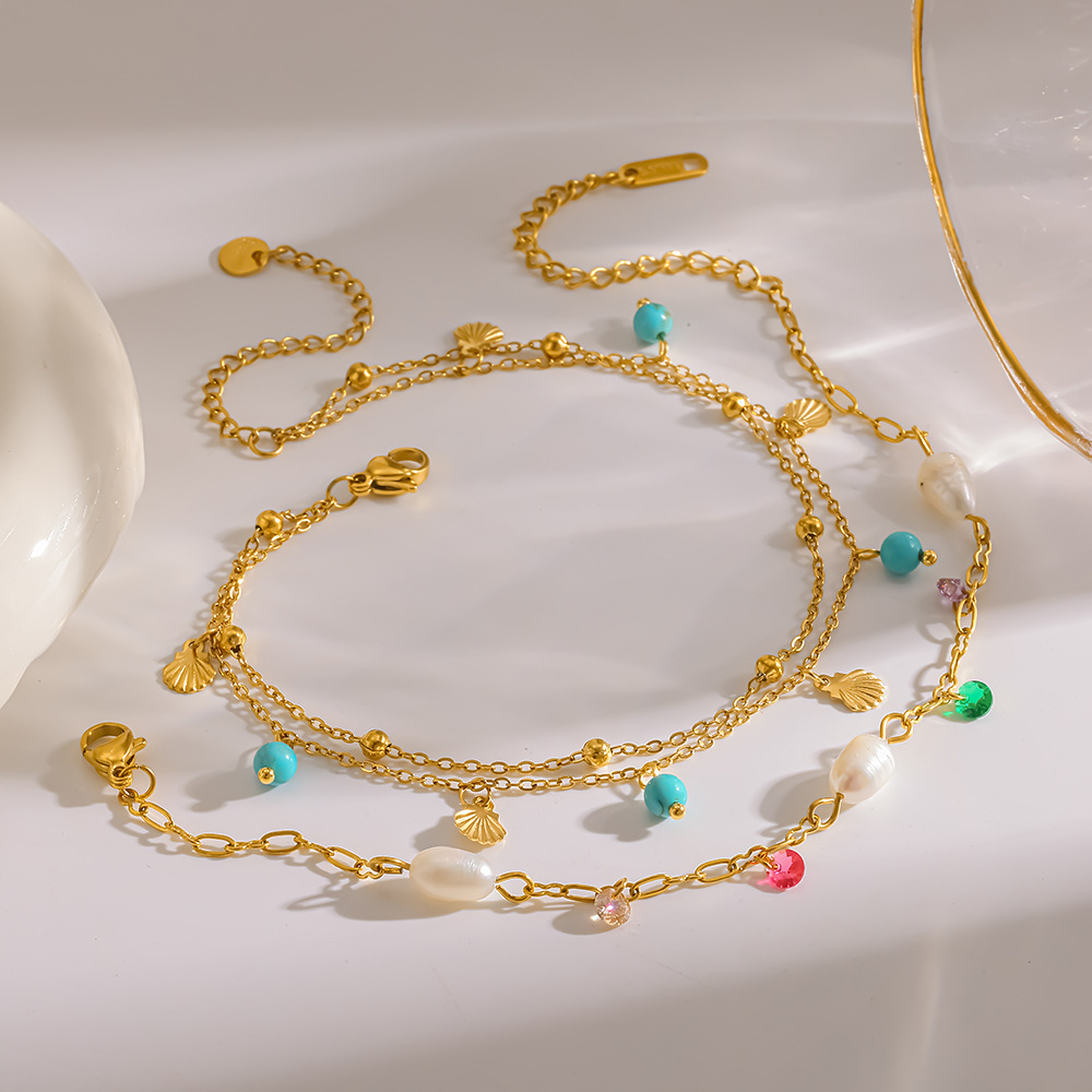 European and American Cross-Border 18K Gold-Plated Stainless Steel Anklet with Turquoise, Freshwater Pearl, and Shell Pendant, Non-Fading Beach Foot Jewelry
