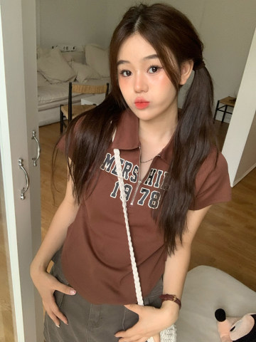 American Retro Irregular Design Sense Short-sleeved T-shirt Summer High Waist Spice Girl Short Pure POLO Collar Top ins Trendy