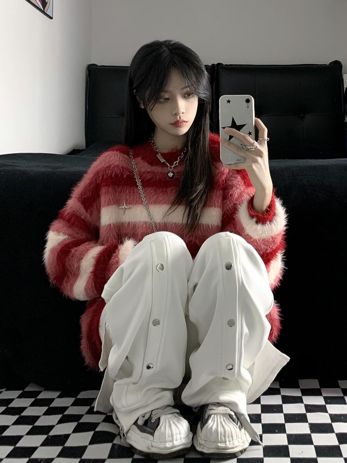 Red Striped Long-Staple Soft Faux Mink Pullover Sweater for Women, Lazy Style Mohair Knitwear, Thickened Outerwear Top
