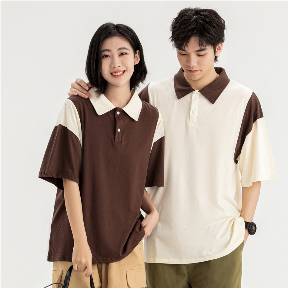 Loose Color-block Lapel Polo Shirt Shoulder-drop Half-sleeve Pure Cotton T-shirt Trendy Brand Men's and Women's Student Class Clothes Printing DIY