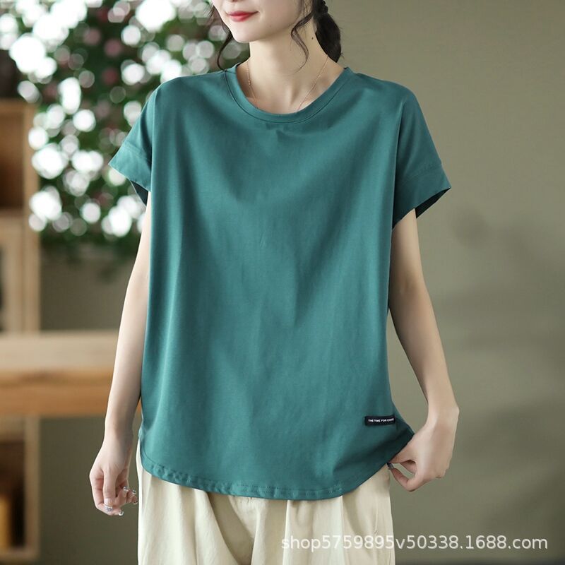 Spring and Summer New Retro Top Women's Round Neck Short Sleeve Solid Color Interior All-match Casual Hollow Art T-shirt Women