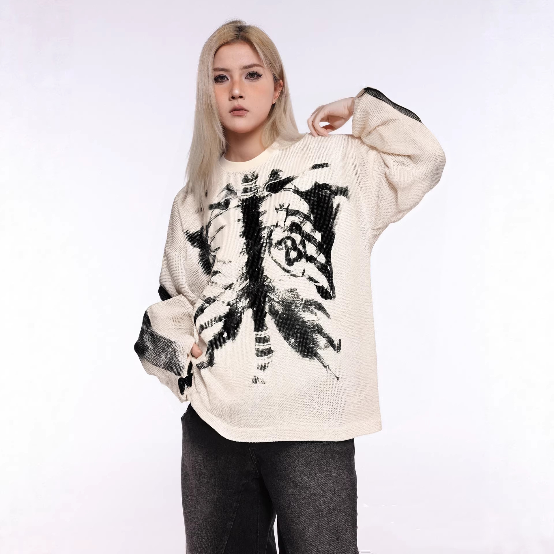Jw327 American Retro Street Fashion Men's and Women's Abstract Pattern Design Men's Waffle Long-Sleeved T-Shirt