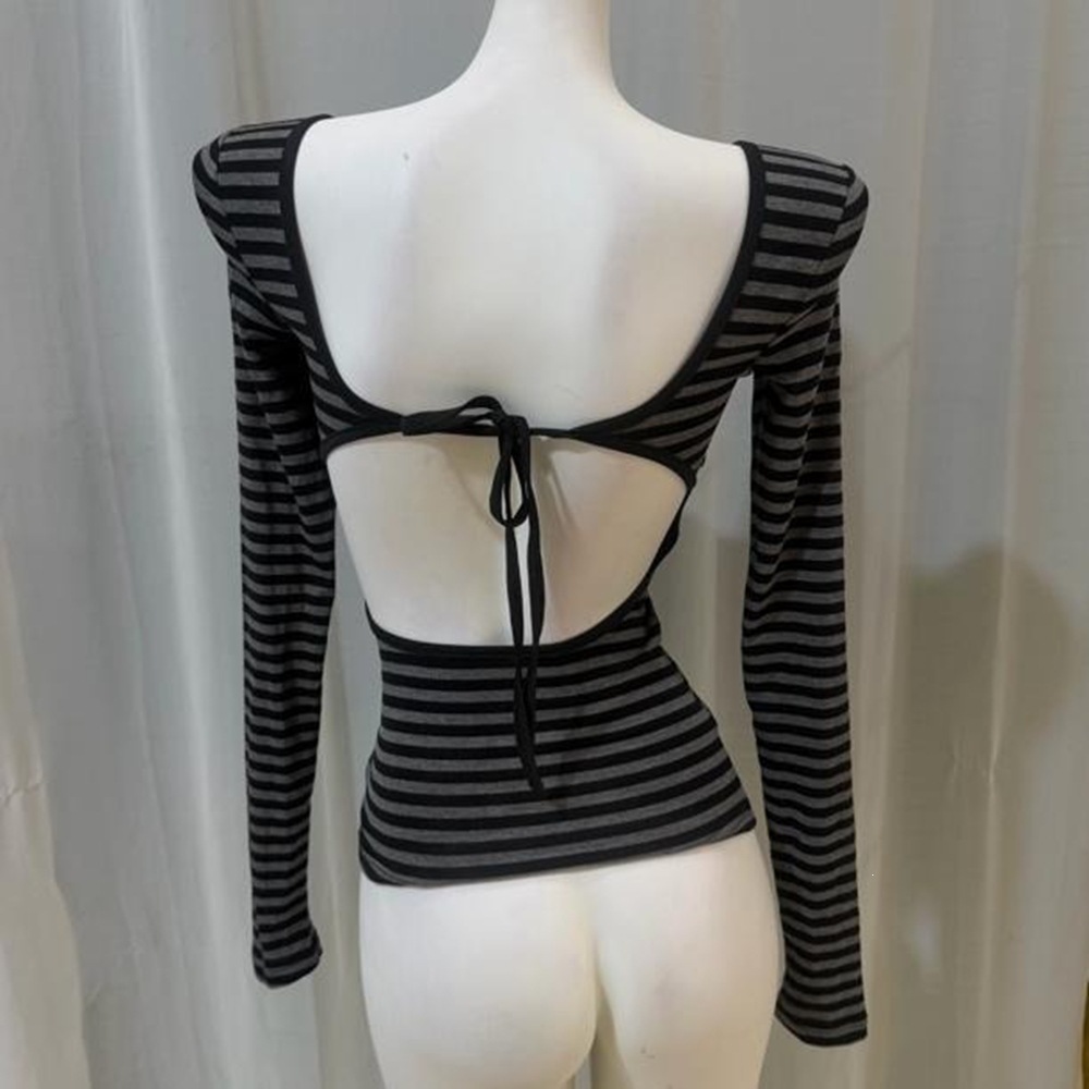 Lyocell Striped American Retro Backless Tie-Up Thin Long-Sleeve T-Shirt for Women with U-Neck
