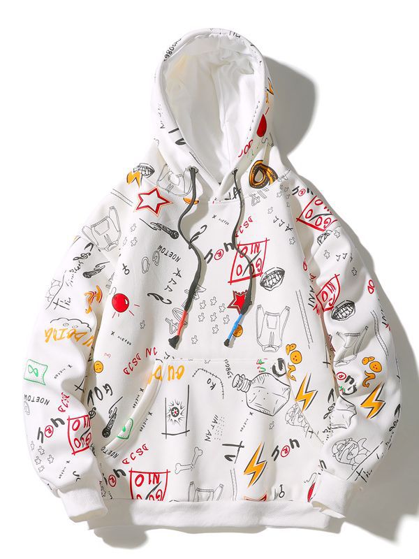 Cross-border European-size Graffiti Hooded Sweatshirt Men's Spring and Autumn Fashion Brand Ins Top Cotton Loose Pullover Couple's Jacket