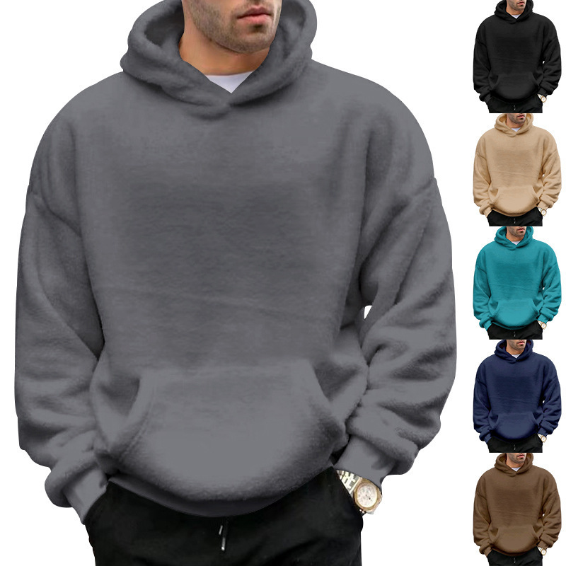 Cross-Border Foreign Trade 2026 Winter New Double-Sided Fleece Youth Hooded Sweatshirt Men's Lamb Wool Winter Pullover Jacket