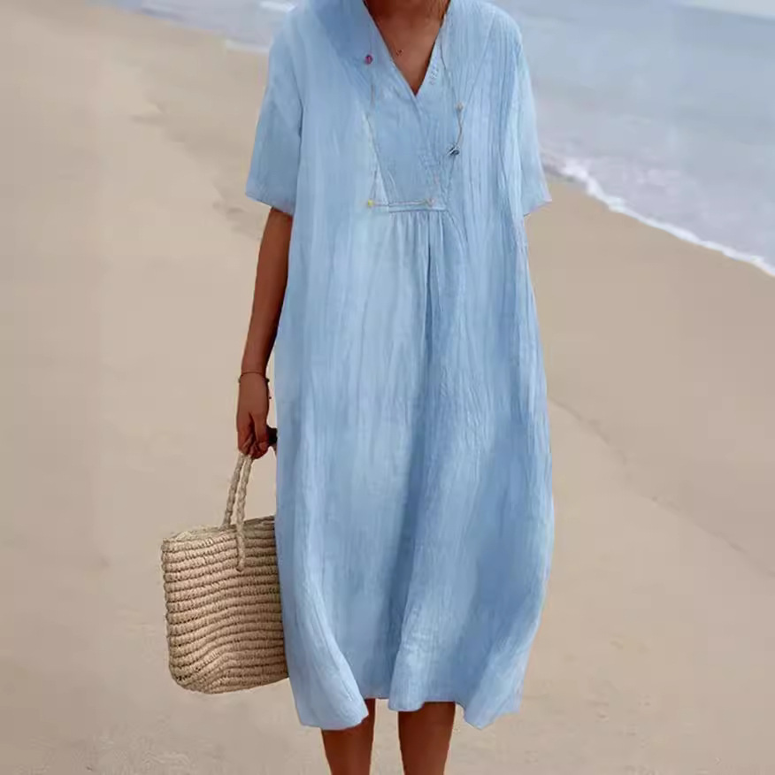 In Stock 2026 Spring/Summer New Women's Versatile Hot-Selling Casual Slimming Dress Solid Color Cotton Linen