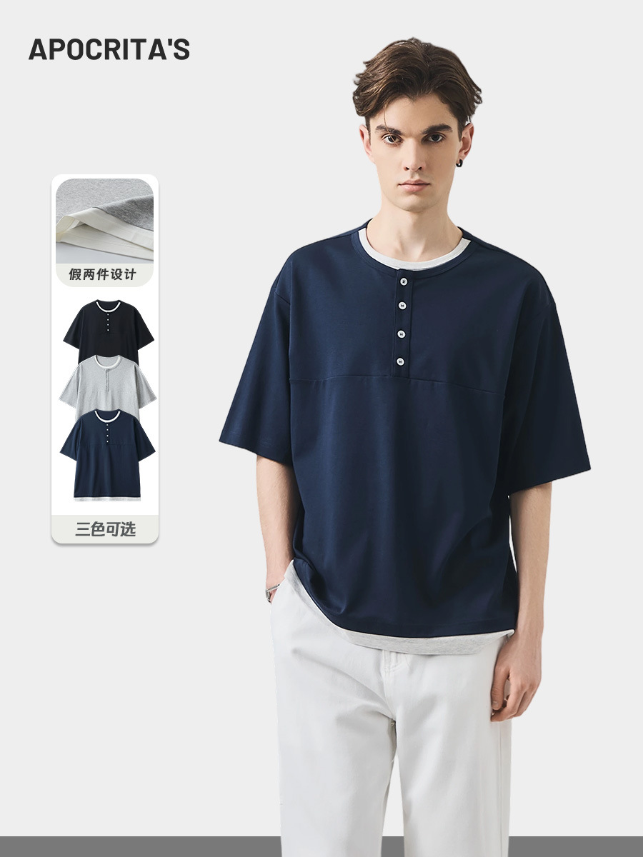 Apo Men's Clothing | Cross-Border Men's Fake Two-Piece Short-Sleeved T-Shirt Summer Loose Casual Henley Collar Solid Color Inner Top