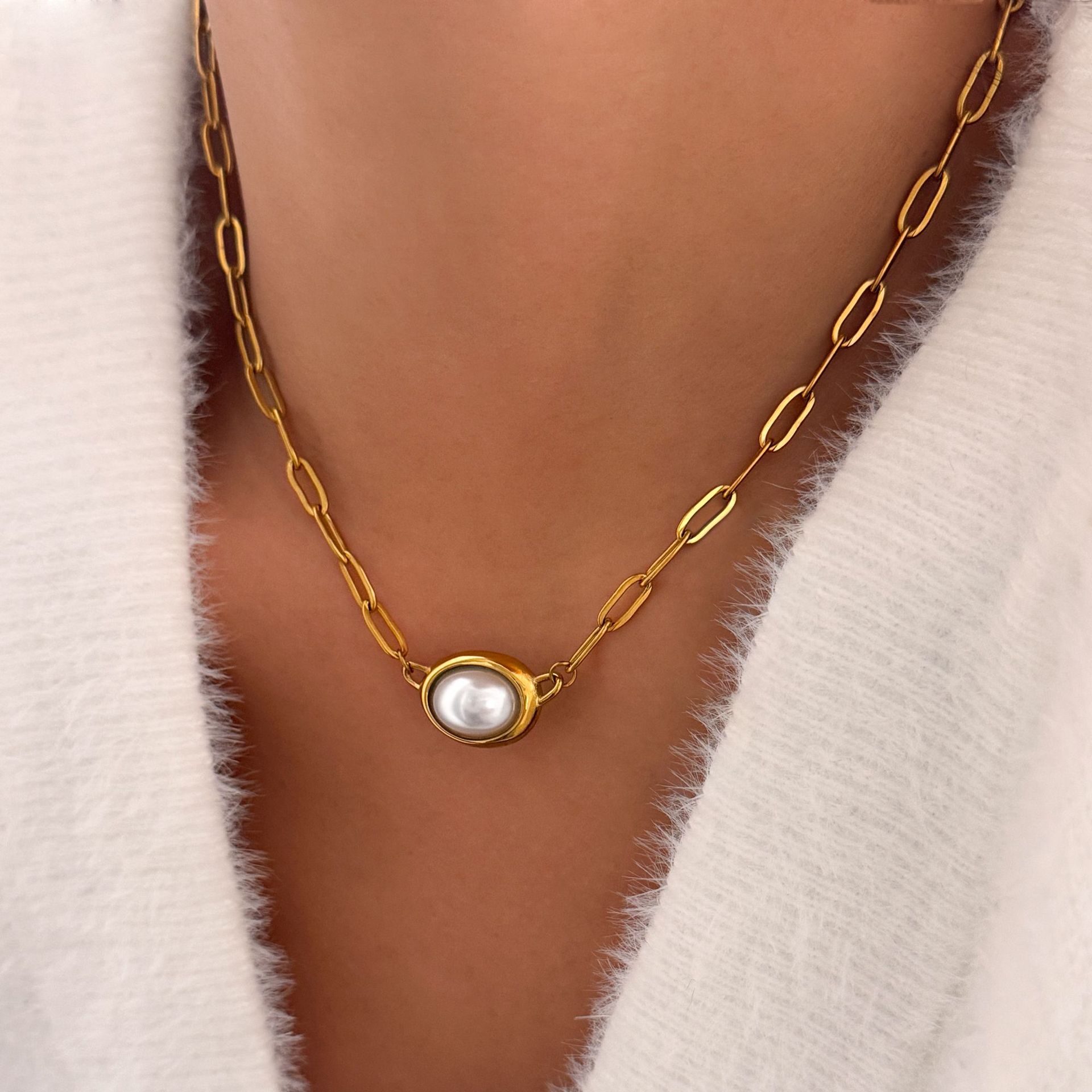 Dazan European and American Hip-Hop Unisex Style 18K Gold Titanium Steel High-Quality Niche Design Paperclip Chain Pearl Necklace
