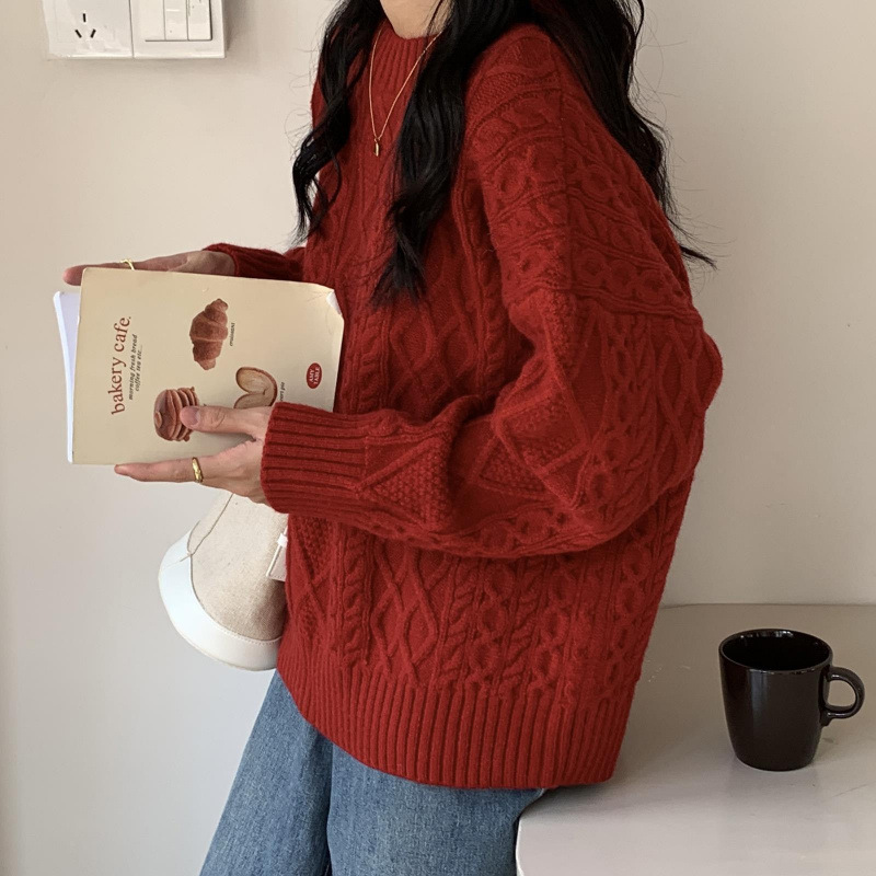 Kaning New Year Red Twist Sweater for Women 2026 Autumn and Winter New Retro Lazy Style Round Neck Pullover Knitwear