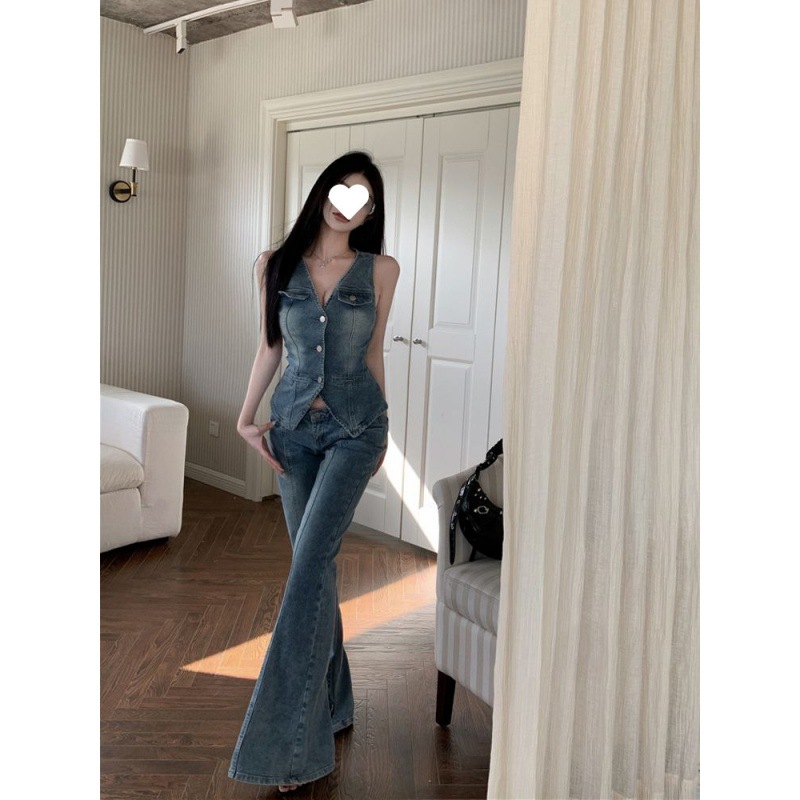 Fashionable Sweet Hot Girl Denim Suit Women's Summer New Distressed Denim Vest Vest High Waist Flared Pants Two-piece Set