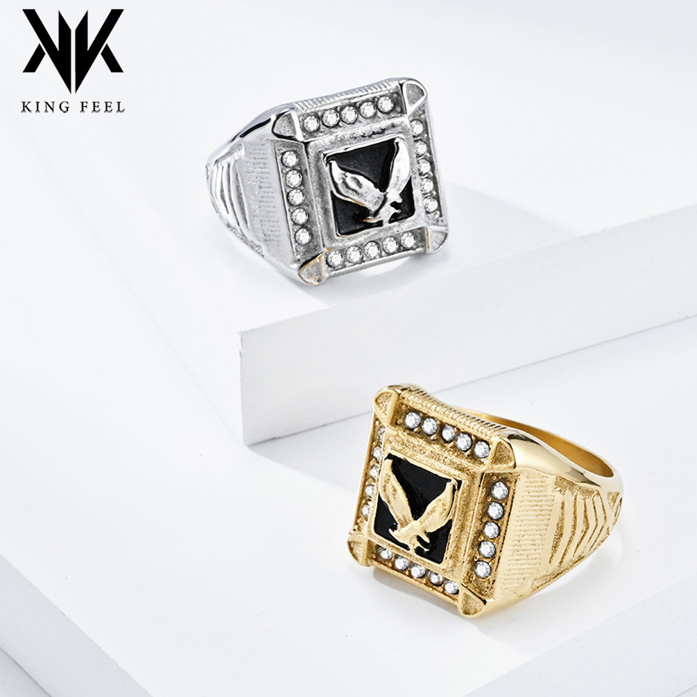 Cross-border European and American style square seal full diamond eagle titanium steel ring retro hip hop personality men's wear accessories