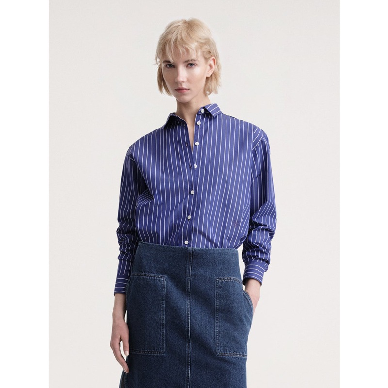 Longmei Loose Cotton Striped Shirt for Women 2026 Early Spring New Tot Style Simple Commuter Turn-Down Collar Long-Sleeve Top
