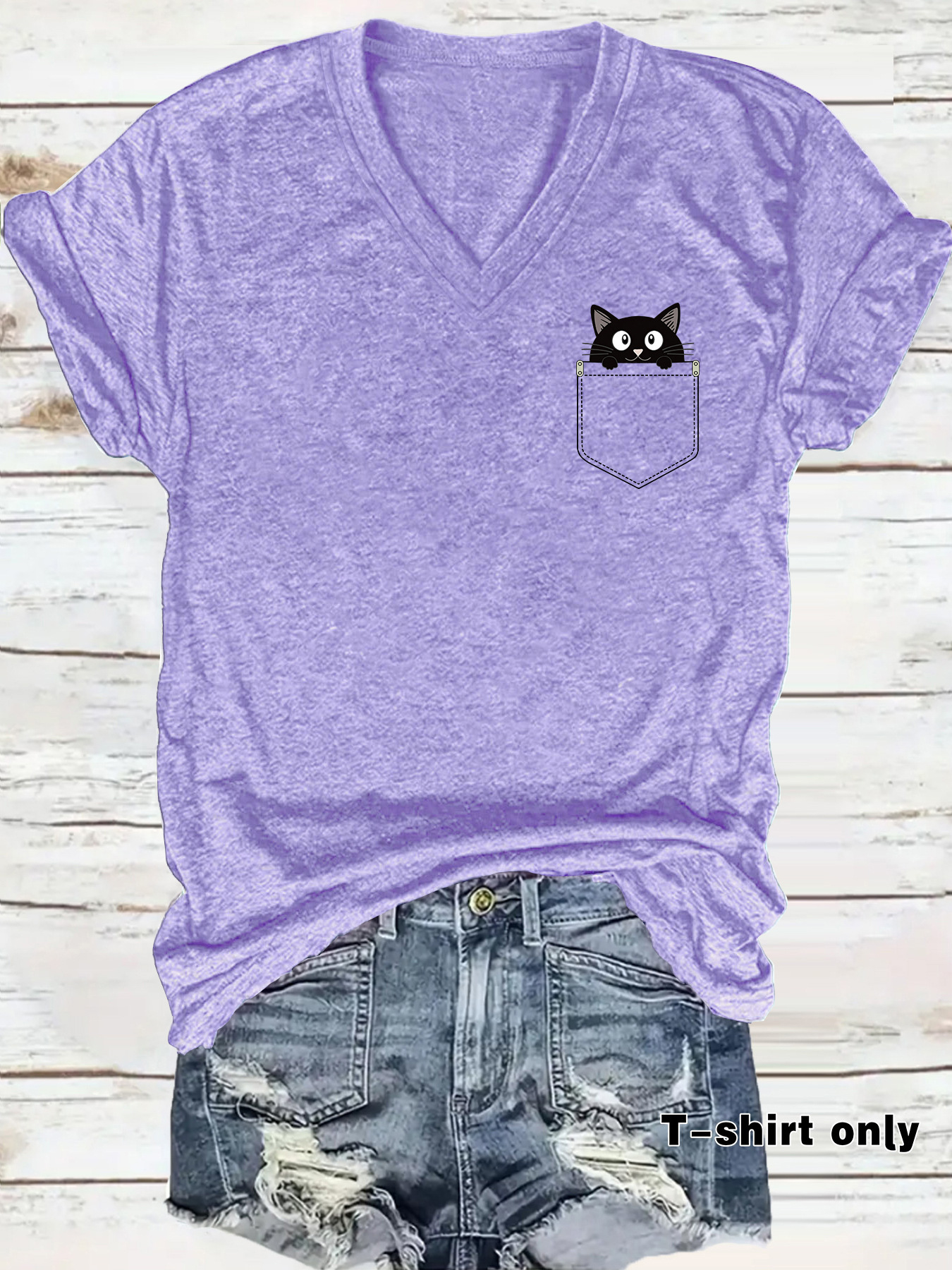 European and American Style In-Stock Round Neck Short-Sleeve Women's T-Shirt with Cartoon Cat Print, Summer Comfortable and Fashionable V-Neck T-Shirt Top