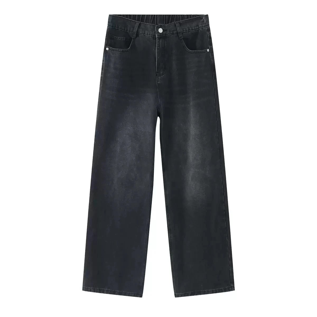 Korean-style simple elastic waist solid color all-match straight casual denim trousers