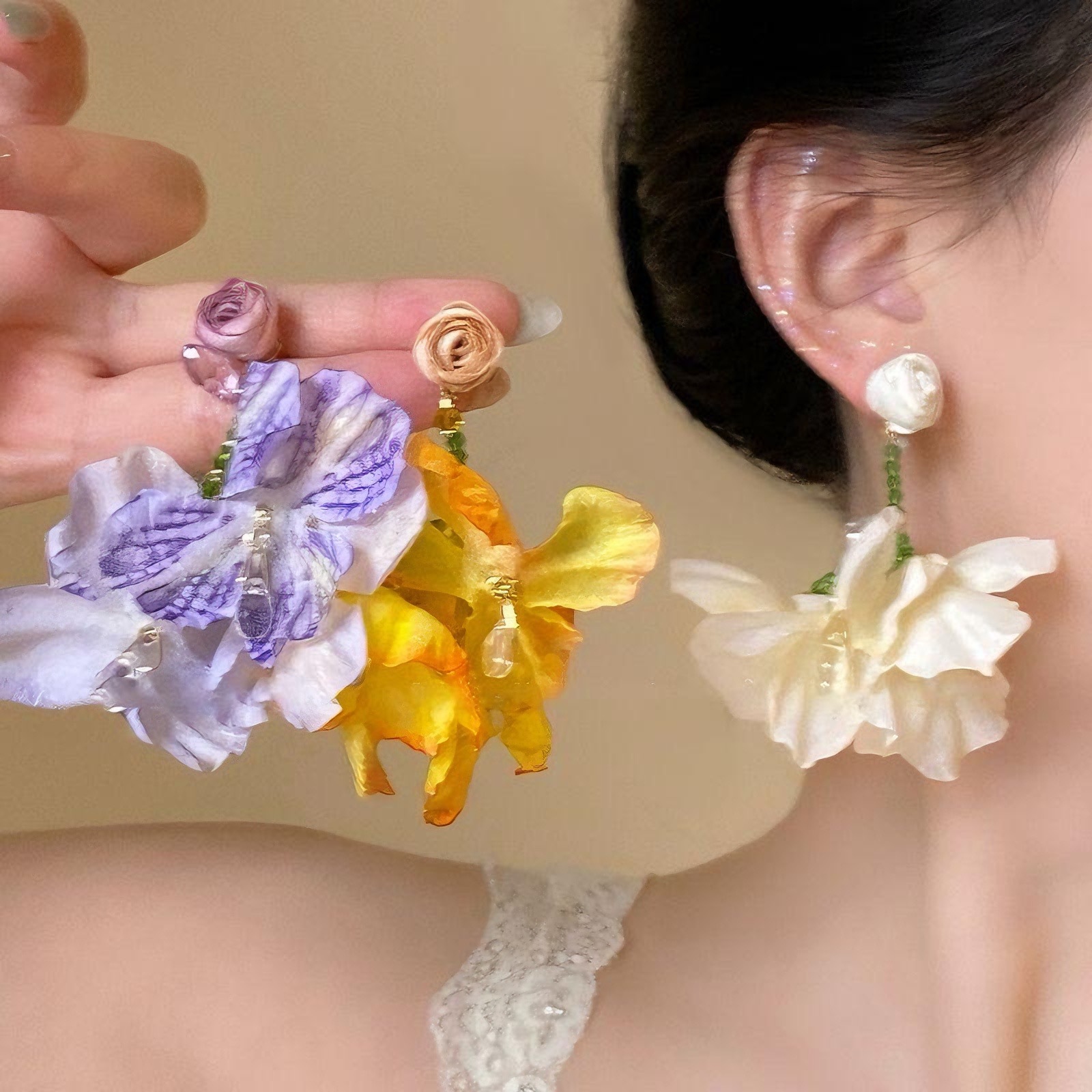 Dopamine Color Flower Earrings Women's Spring 2025 New Seaside Holiday Ear Drops Exaggerated Ear Clip Ear Accessories