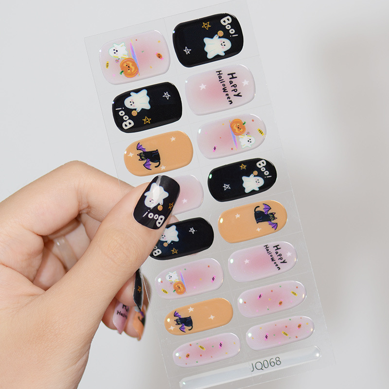 Cross-Border In-Stock Phototherapy Nail Stickers with Lamp, 16-Piece Semi-Cured Nail Stickers, Cute Cartoon Black Cat Gel Nail Stickers