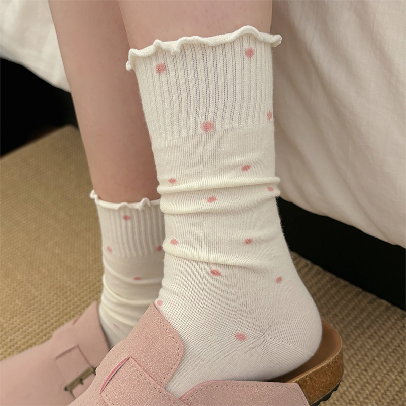 Auricularius Edge Wave Dot Pile Socks Women's Mid-length Socks Ins Fashionable Cotton Socks Summer Thin Japanese Ballet Stocking