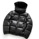Left-Sided Embroidery, Small Size, Vertical Zipper, Black Glossy Hooded down Jacket 88072141