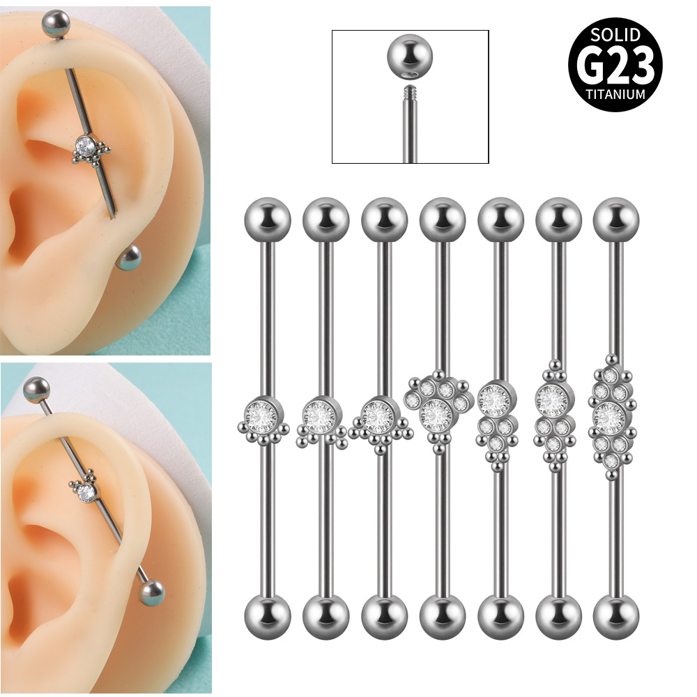 G23 titanium coated drill industrial barbell earrings welded ball earrings 14g middle diamond double ear hole earrings long earrings