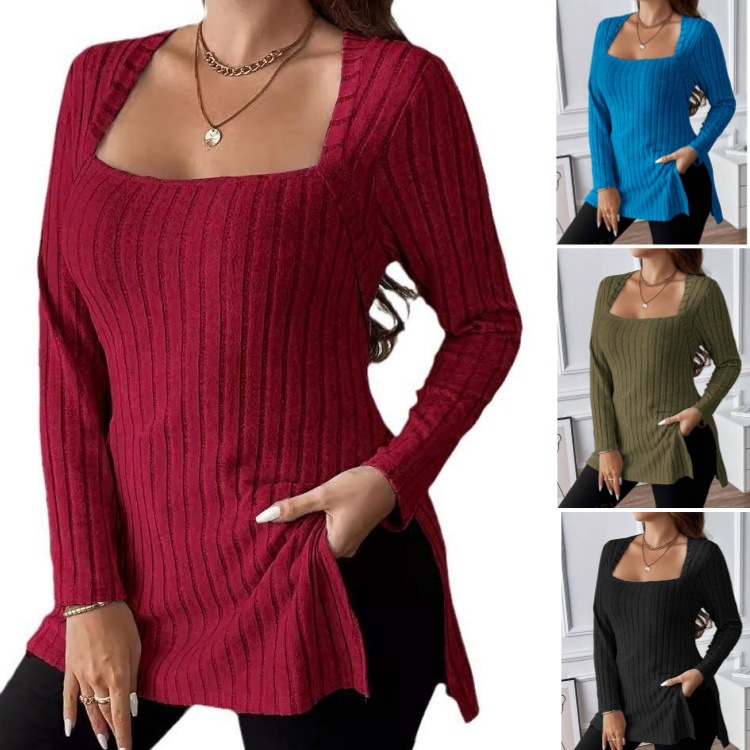 2026 Autumn/Winter Women's Clothing Amazon Independent Site European and American Plus Size Solid Color Ribbed Brushed Square Neck Long Sleeve Slit Top