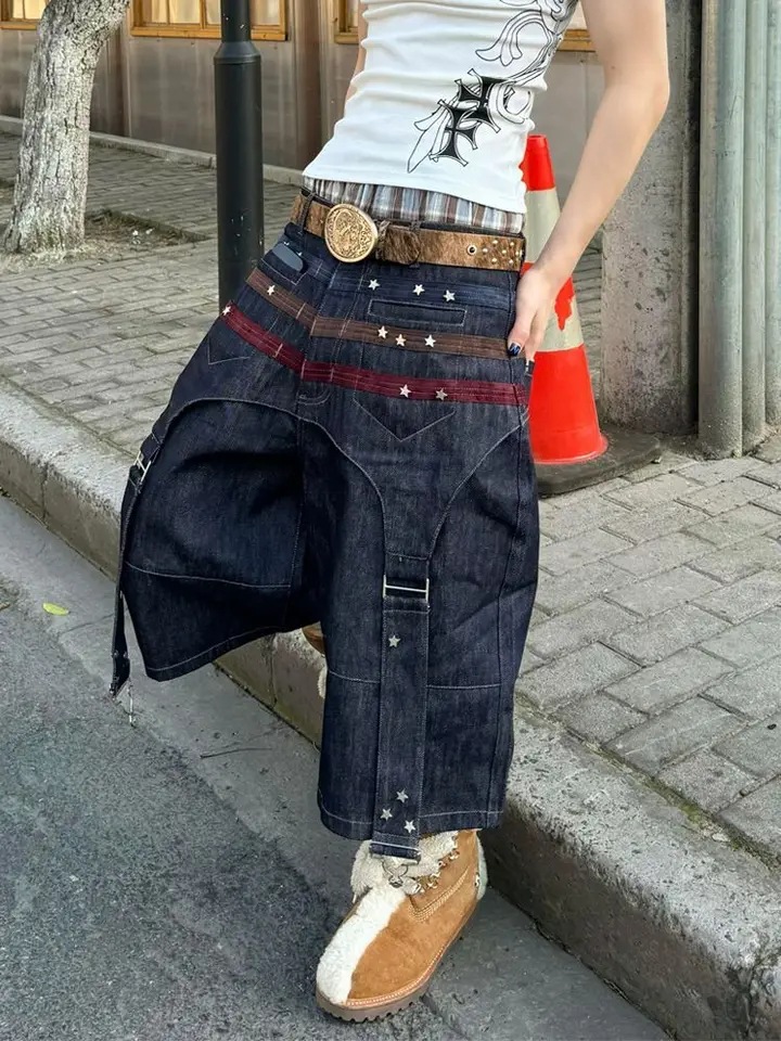 Cross-Border Street Style Retro Gothic Studded Design Denim Shorts Men's Loose Hip-Hop Sports Casual Shorts