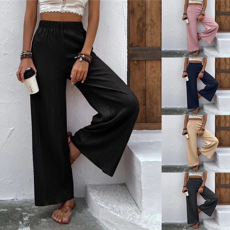 2025 New Foreign Trade Women's Clothing European and American Cross-Border 1688 Women's Casual Pants Loose Slimming Look Wrinkled Wide-Leg Long Pants