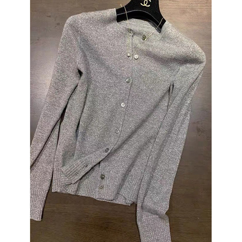 Spring and Autumn Bright Silk Knitted Cardigan Women's Loose Short Round Neck Fine Wool Air Conditioning Shirt Thin Sweater Tops Top