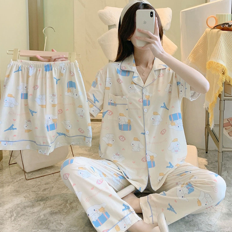 Cartoon Cinnamon Dog Pajamas for Women, Summer Air-Conditioned Room Short-Sleeve Large Size Casual Three-Piece Set, Cute and Youthful Homewear