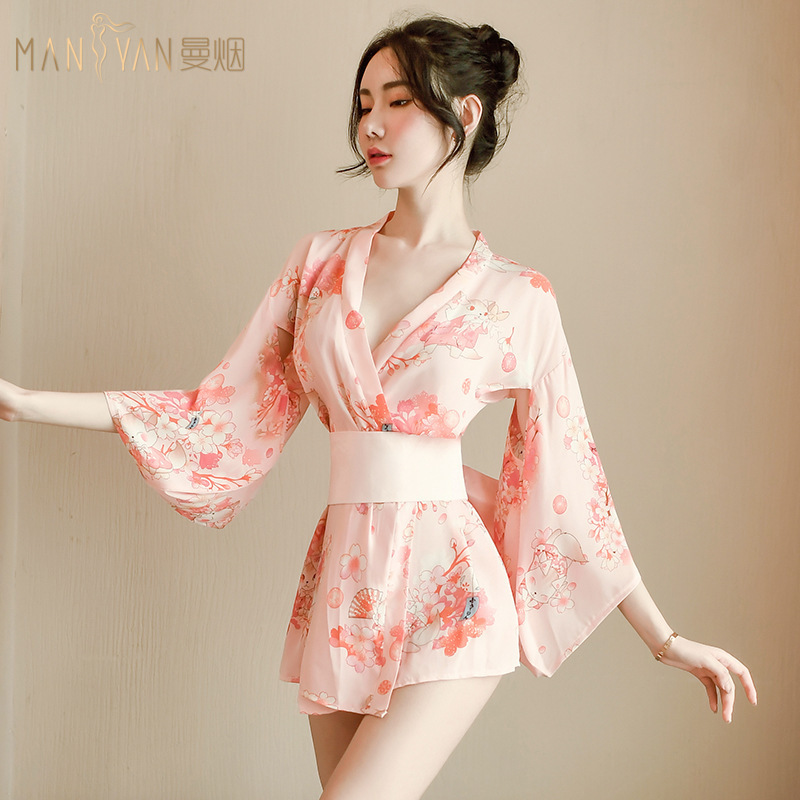 Manyan sexy lingerie Japanese sexy printed cat bow kimono bathrobe uniform suit TNY9726