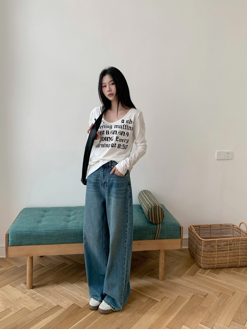 GAGD All-Match Vintage Antique Straight Jeans Women's Basic Pear-Shaped High Waist Slimming Loose Jeans
