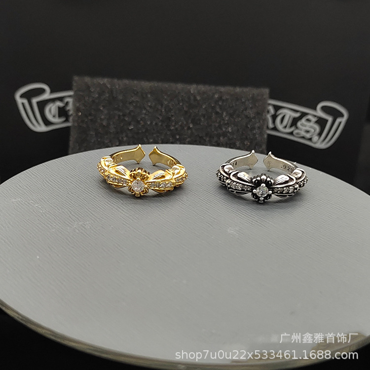Chkeluo vintage diamond-embedded retro new ring fashionable simple narrow cross flower couple open ring