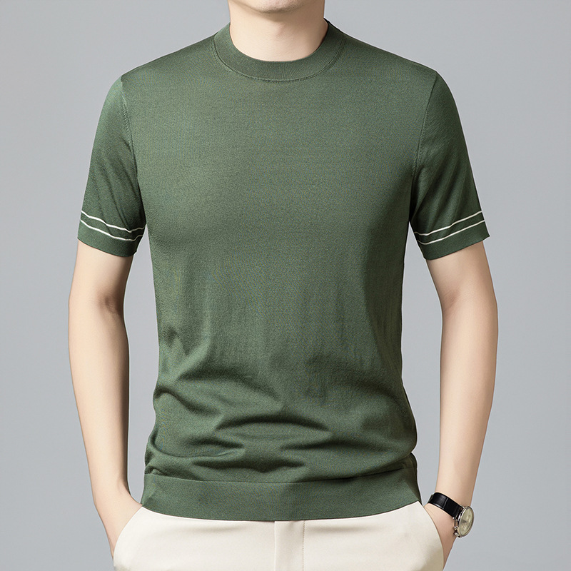 2025 Mulberry Silk Short-sleeved T-shirt Men's Ice Silk Solid Color Round Neck Thin Knitted Sweater Comfortable Breathable Top Men's Wear