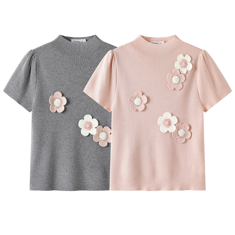 High-grade Three-dimensional Flower Short Knitted Shirt T-shirt Stylish Age-reducing Spring Gentle Style Top Fashion All-match