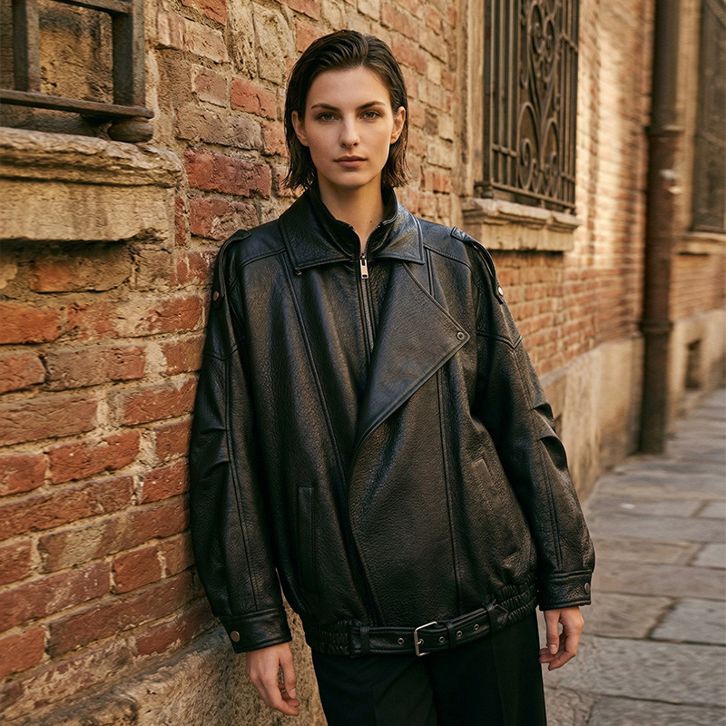 2026 New Heavy-Duty Sheepskin Retro Unisex Stand-Up Collar Biker Leather Jacket Genuine Leather Jacket Outerwear for Women