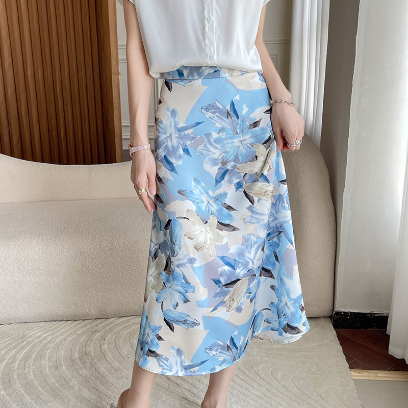 New Chinese Style Acetic Acid Satin Faux Silk Skirt Women's High Waist Mid-length Summer Retro Printed Hip Skirt